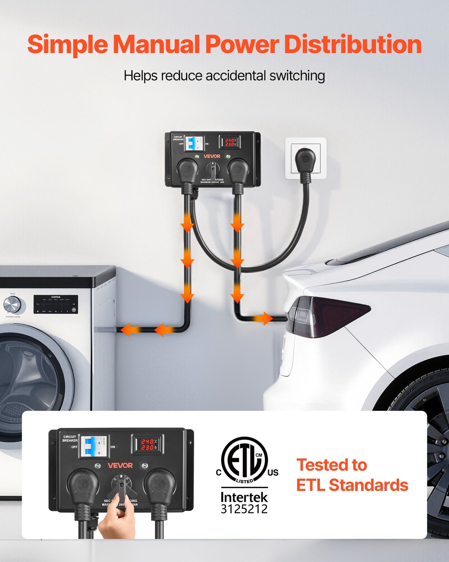 Manual EV Charging Switch, NEMA 10-30, Splitter Switch For Dryer & EV, 24A Max 240V Manual Power Distribution With Circuit Breaker, Real-Time Display, Hand-Operated Selector, Plug And Play, ETL