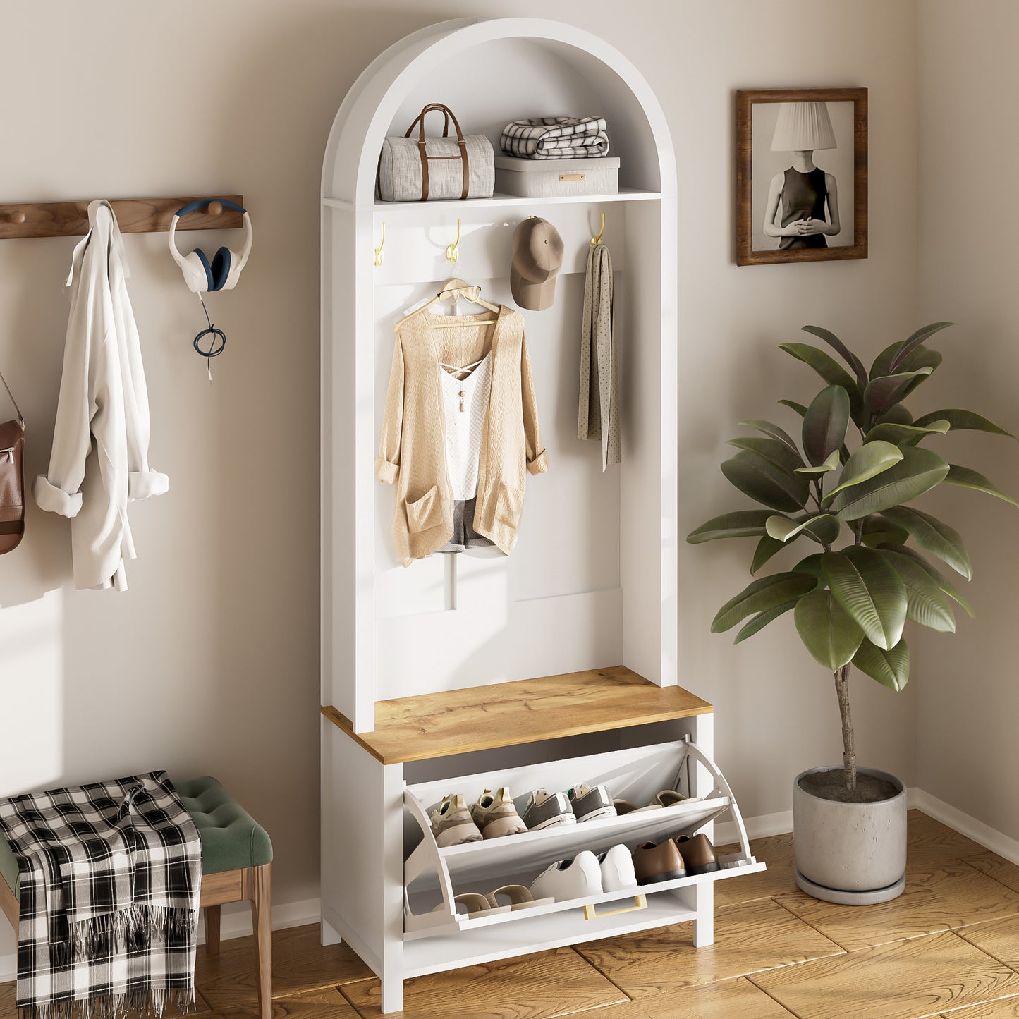 Multifunctional Wardrobe Cabinet With Shoe Rack, Shelf & Hook  Hall Tree For Entrance Area, Durable MDF Body, Modern Design, Sturdy Iron Feet, Practical Storage