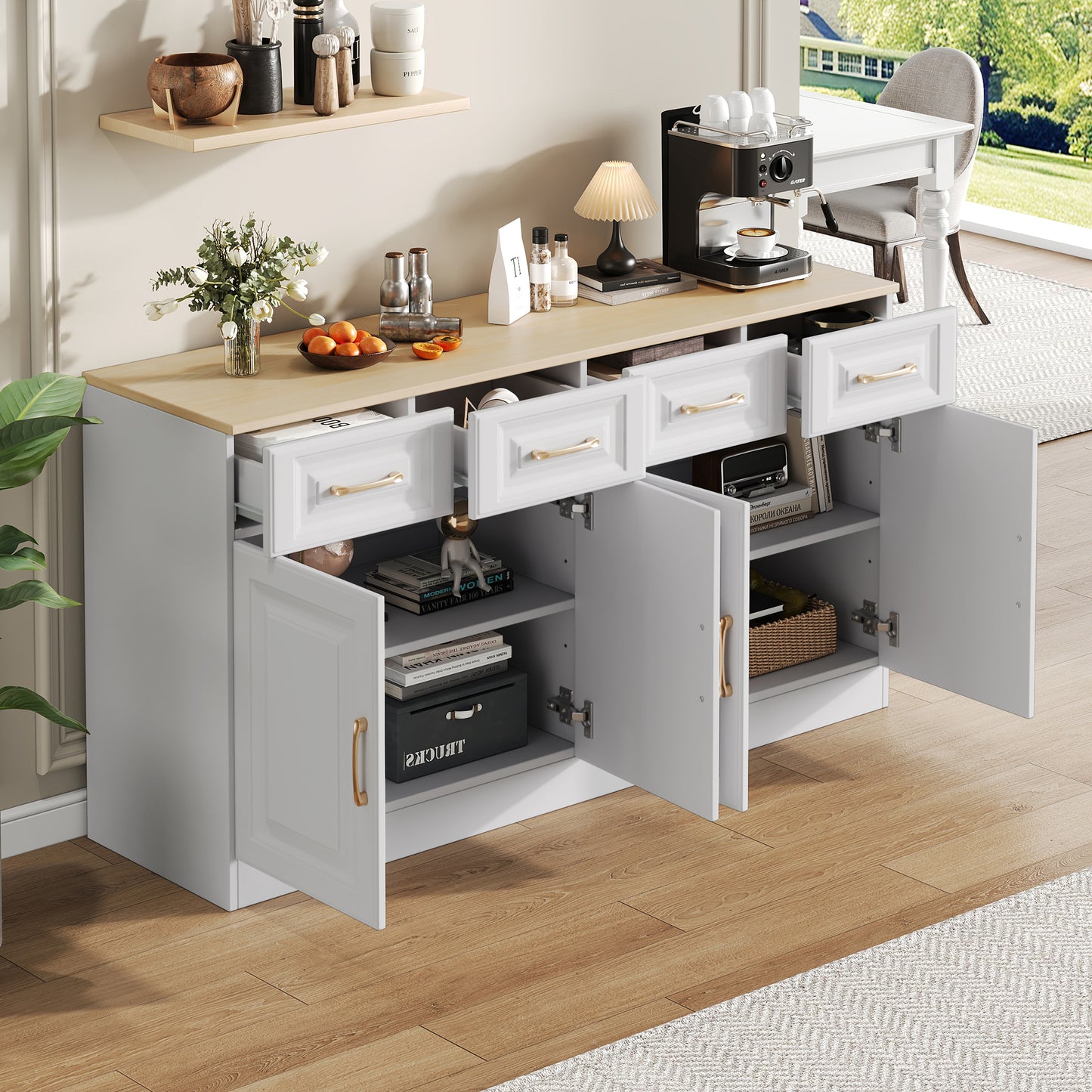 140 Cm Sideboard Buffet With Storage Space, Coffee Bar Cabinet With 4 Drawers And 4 Barn Doors, Long Storage Cabinet In Modern Farmhouse Style, White Wood, For Kitchen, Dining Room, Living Room