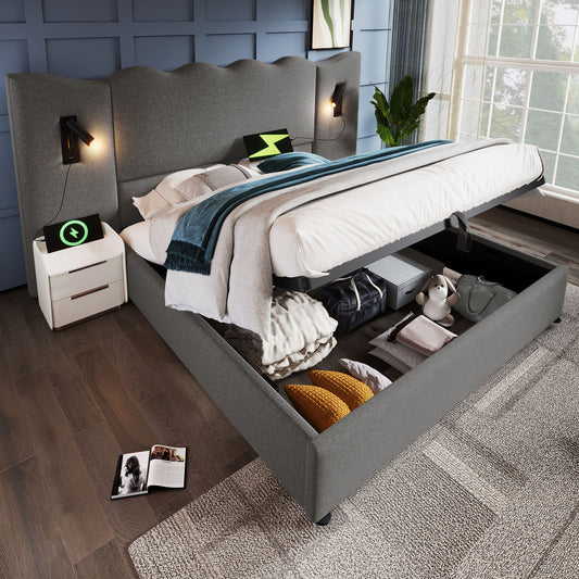 Upholstered Bed Double Bed 160x200 With Reading Lamp And USB Type-C Charging Function, Storage Bed Frame With Slatted Frame Made Of Solid Wood And Metal, Grey, Linen  Without Mattress