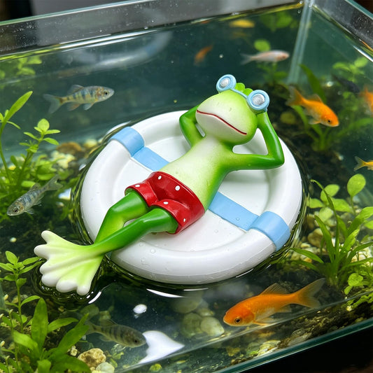 Floating Frog On Swim Ring Resin Aquarium Ornament, Fish Tank Decor, Water Surface Accessory