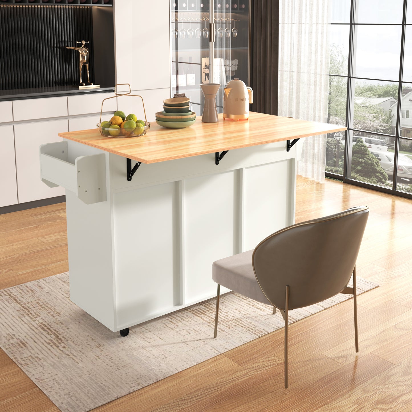 139x46 X91.5 Cm Large Dining Trolley Sideboard, White Body  Solid Wood Grain Worktop, Foldable Worktop, Storage Door, Castors, Interchangeable Solid Wood Feet, Suitable For Dining Room, Kitchen