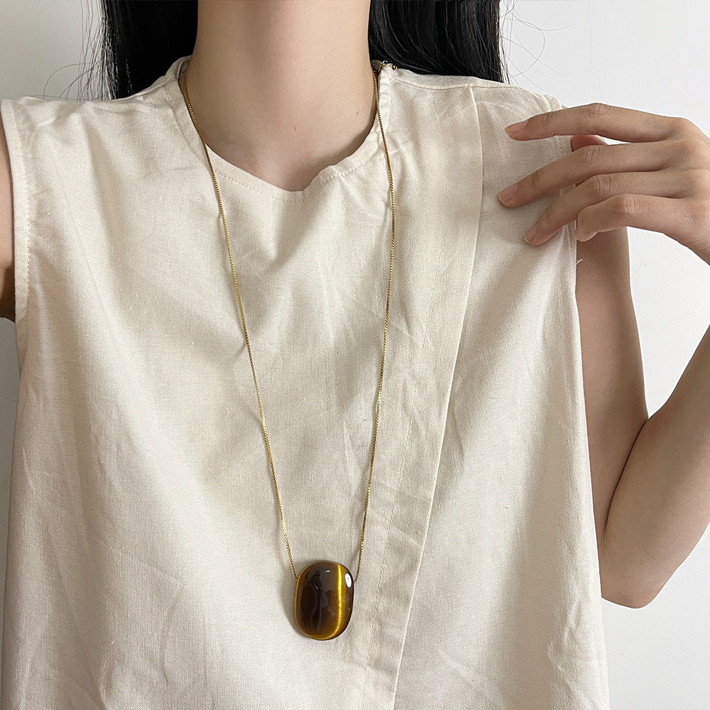 Square Tigereye Pendant Necklace Long Obsidian Sweater Chain Personalized All-matching Accessories