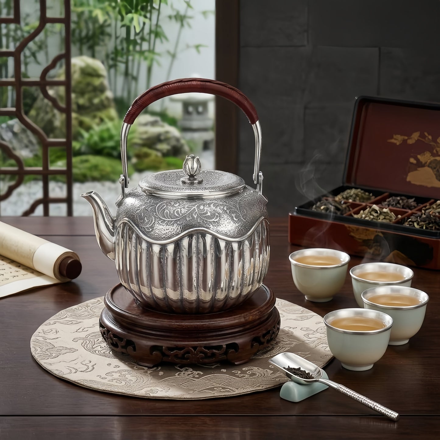 925 Sterling Silver Ornate Hand-Engraved Silver Teapot with Ribbed Body and Rattan Handle - Handicraft