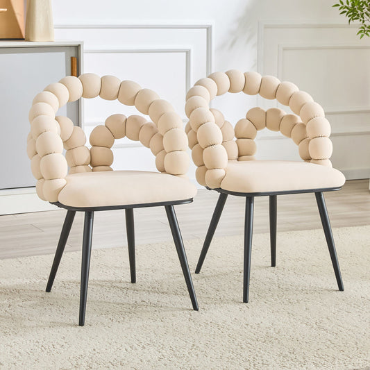 Set Of 2 Beige Velvet Bubble Dining Chairs,Modern Velvet Pebble Accent Side Chair With Curved Bubble Backrest & Black Metal Legs, Luxury Vanity Desk Chair For Kitchen Dining Room Bedroom Living Room