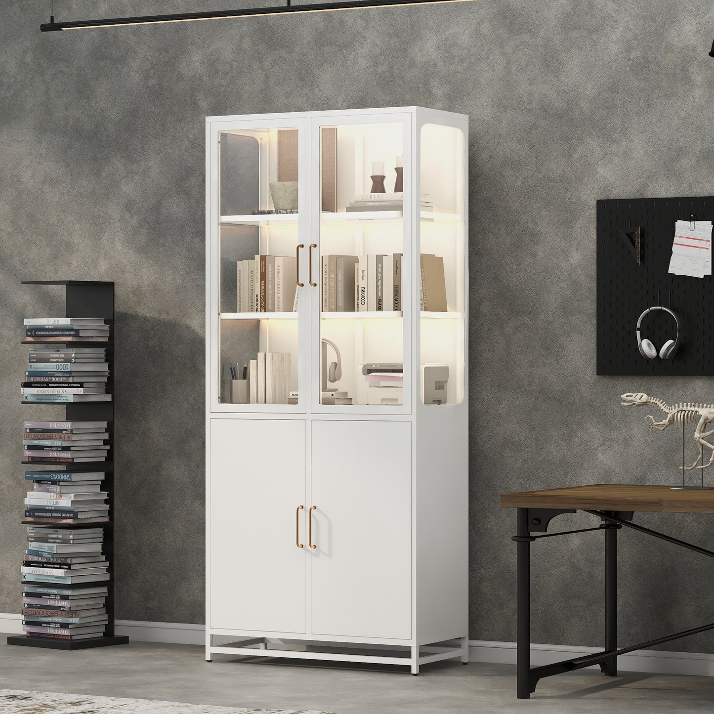 76.75  Tall Display Cabinet, With Glass Doors And LED Lights, Steel Curio Cabinet With 3-Sided Glass, Pantry Cabinet With Storage For Hallways, Livingroom Kitchen Home Decor & Office - White