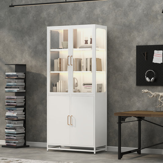 76.75  Tall Display Cabinet, With Glass Doors And LED Lights, Steel Curio Cabinet With 3-Sided Glass, Pantry Cabinet With Storage For Hallways, Livingroom Kitchen Home Decor & Office - White