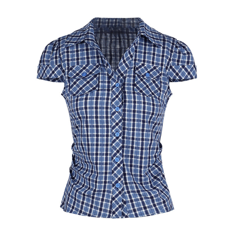 Blue Plaid Cinched Waist Short-Sleeve Shirt Womens Summer Korean Style