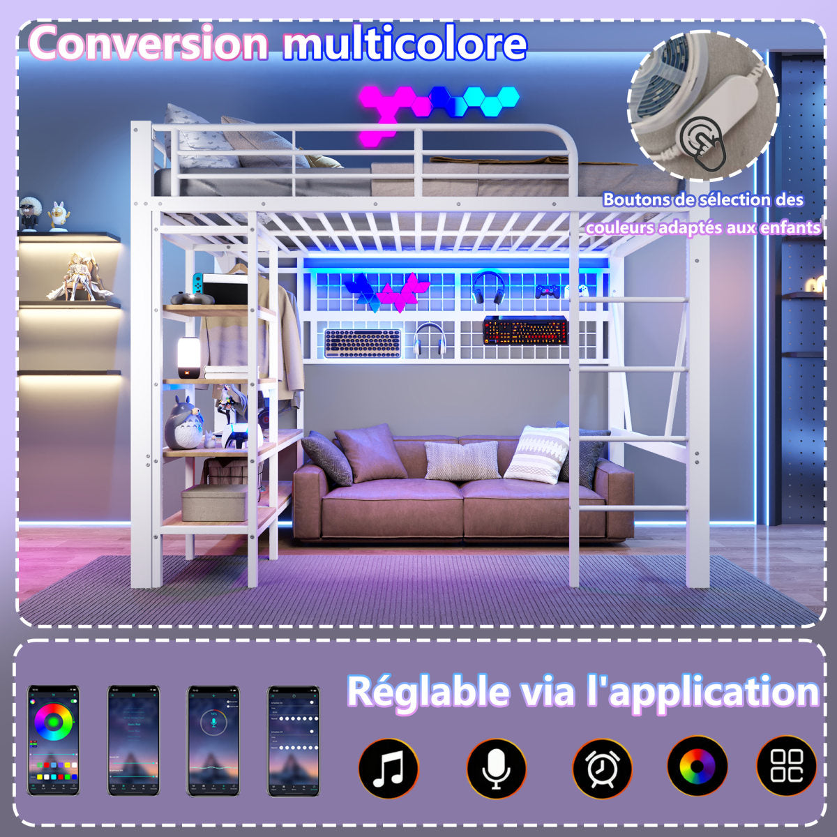 Loft Bed, 140 X 200 Cm, Iron Frame, Storage Compartment, Net For Hanging Objects, With Clothes Rail, Open Space Under The Bed, With LED Light Strip, Without Mattress, White