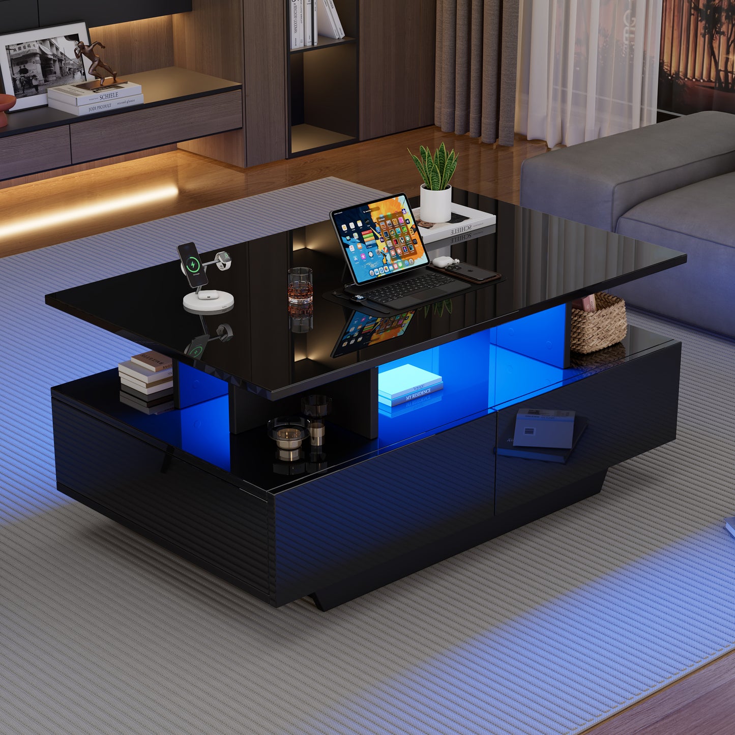 Modern High-gloss Coffee Table With LED Lighting And 2 Drawers  Stylish 90x55x41 Cm Side Table With Storage, Loadable Up To 30 Kg