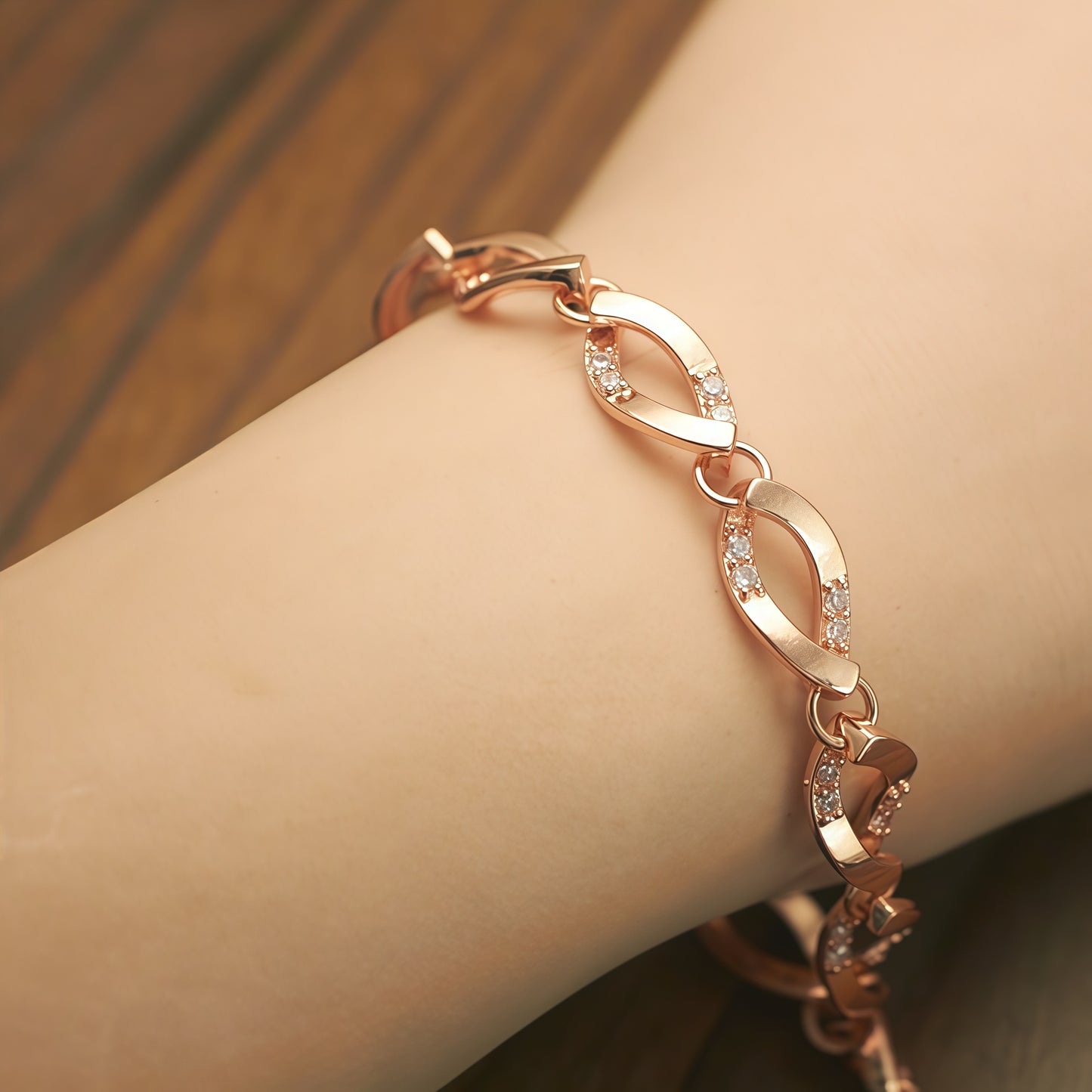 Rose Gold Twisted Oval Link Cubic Zirconia Bracelet For Women, Copper Plated Silver Dainty Adjustable Extension Chain Sparkling Wedding Daily Jewelry Gift