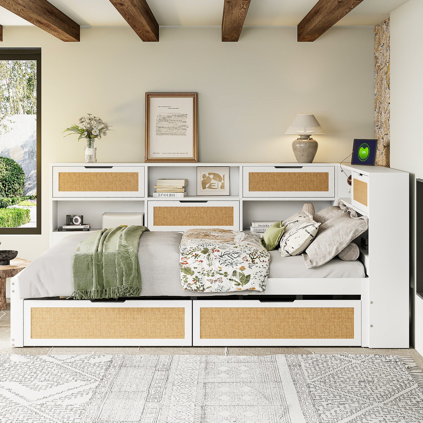 Solid Wood Sofa Bed 140x200 With Drawer Multifunctional Single Bed Cot With Many Storage Compartments And Charging Port White