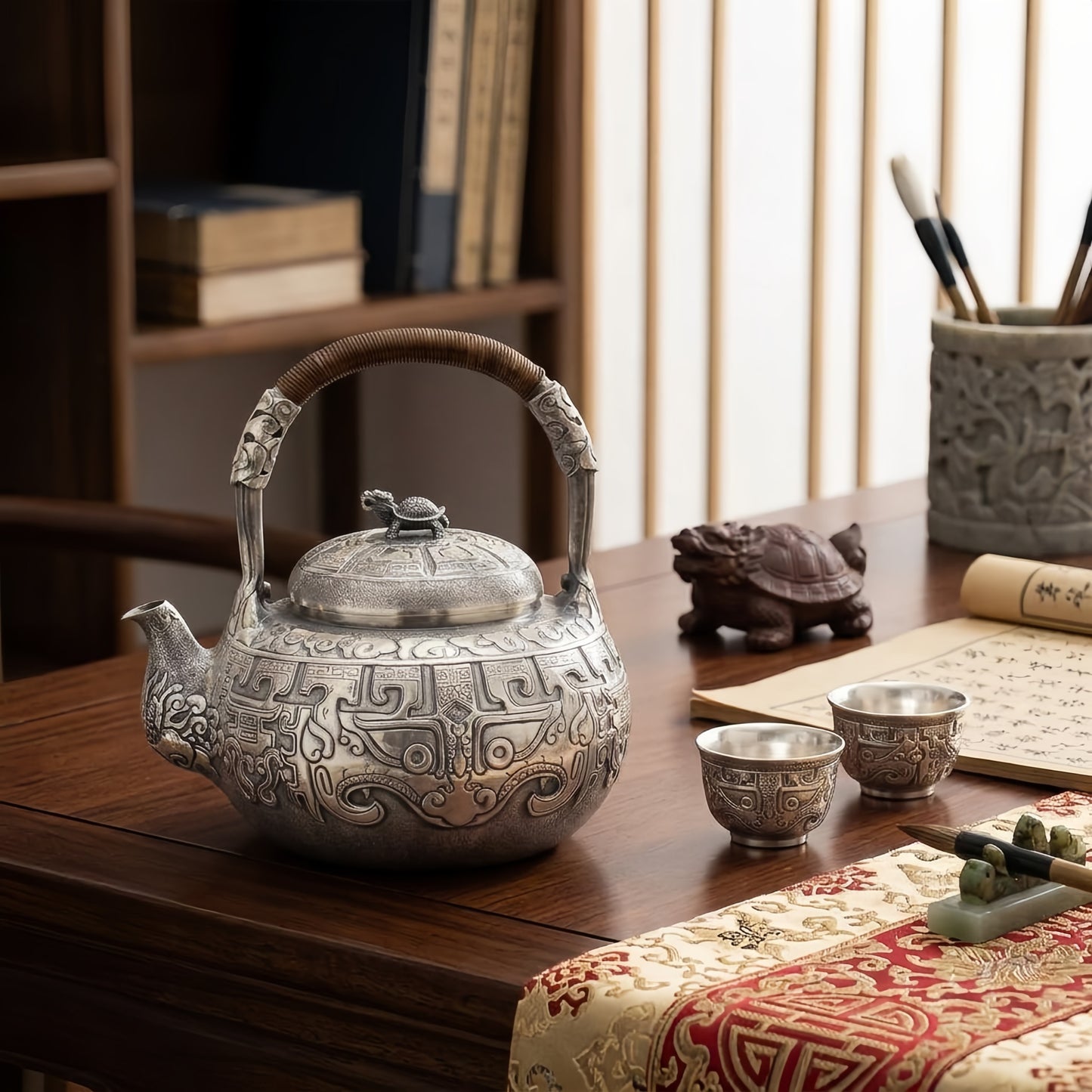 Pure 999 Fine Silver Ornate Handcrafted Silver Tea Kettle Featuring Mythical Dragon Turtle and Traditional Taotie Motifs - Handicraft