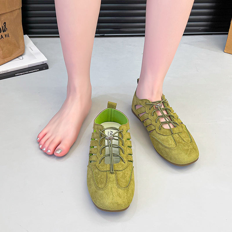 2026 New Women's French Hollow Breathable Hidden Platform Mary Janes, Round Toe Lace-Up Soft Flat Shallow Mouth Flats