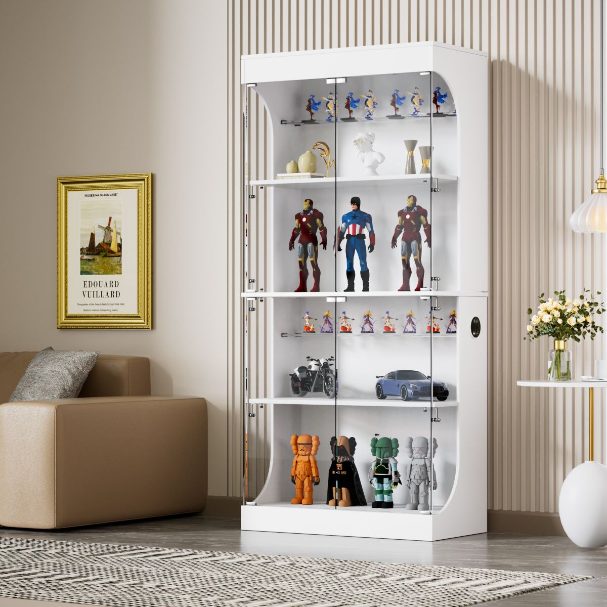 Four-storey Glass Display Case With Storage Space, LED Lighting, Glass Doors And Smart Sensors. Suitable As A Dustproof Glass Cabinet For Living Rooms, Bedrooms And Offices. White.80x35x165cm