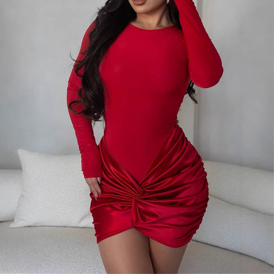 Body-hugging Sexy Pleated Long-sleeve Mini Dress