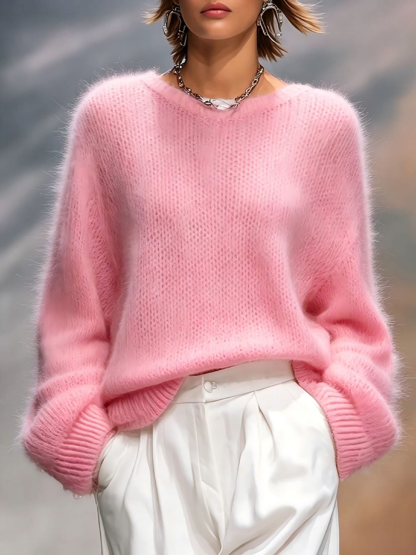 New Autumn Winter Relaxed-style Elegant Solid-color Crew-neck Loose-fit Womens Pullover