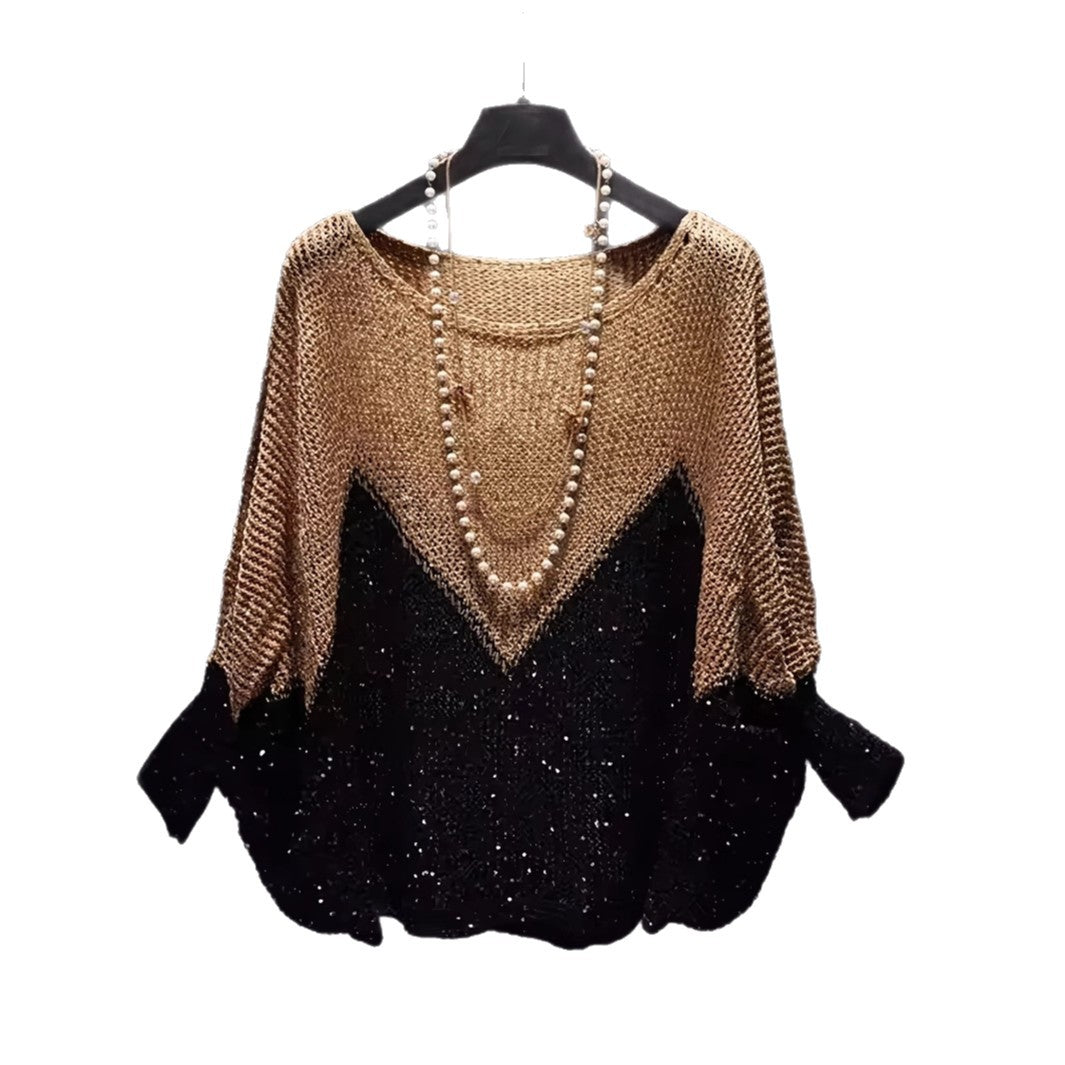 New Style Hip-covering Relaxed-fit Knitted Bottoming Top Color-block Fashion Top