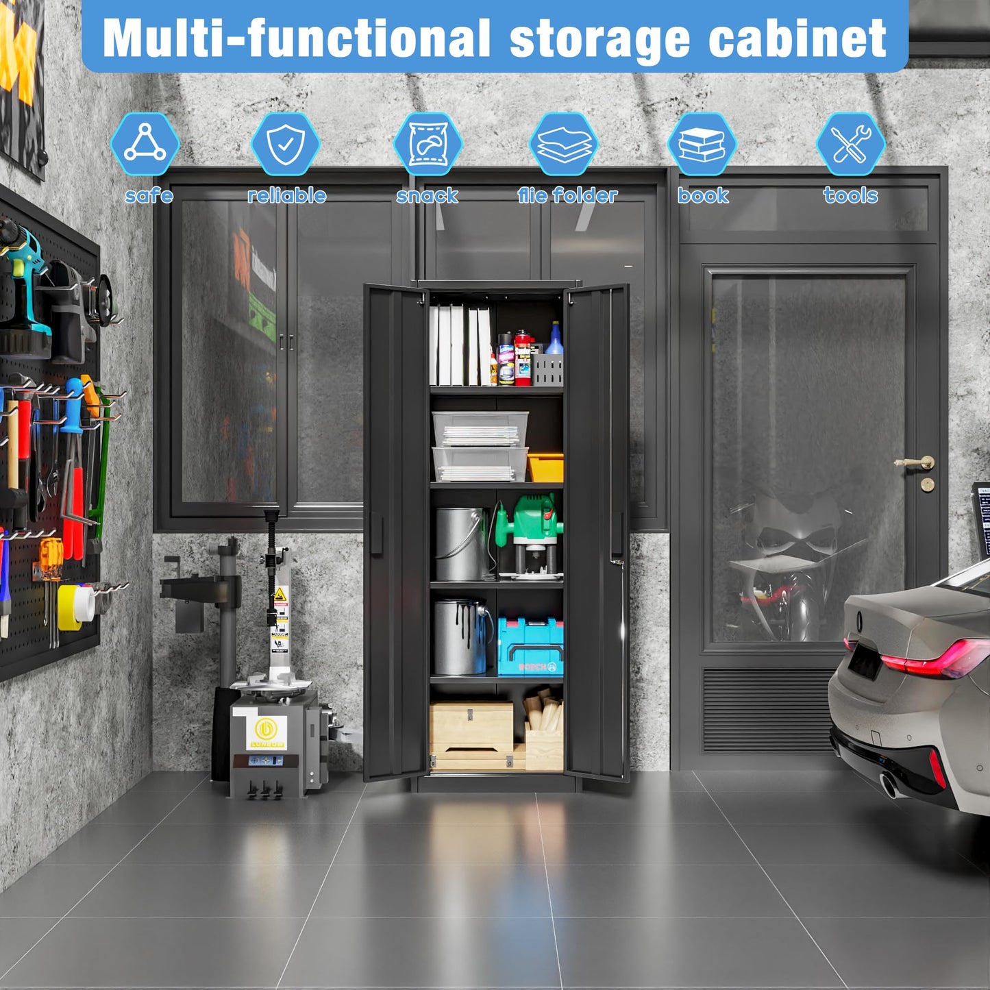 Narrow Metal Garage Storage Cabinet, Lockable Narrow Steel Storage Cabinet With 4 Adjustable Shelves For Garage, Office, Home, Assembly Required, Black