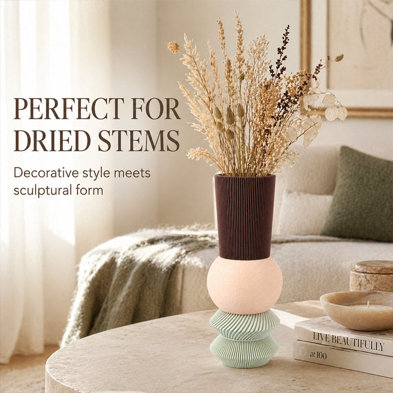 3D Printed Stacked Sculptural Vase, Modern Textured Table Ornament, Decor Vase For Dried Flowers, Nordic Home Decor Accessory