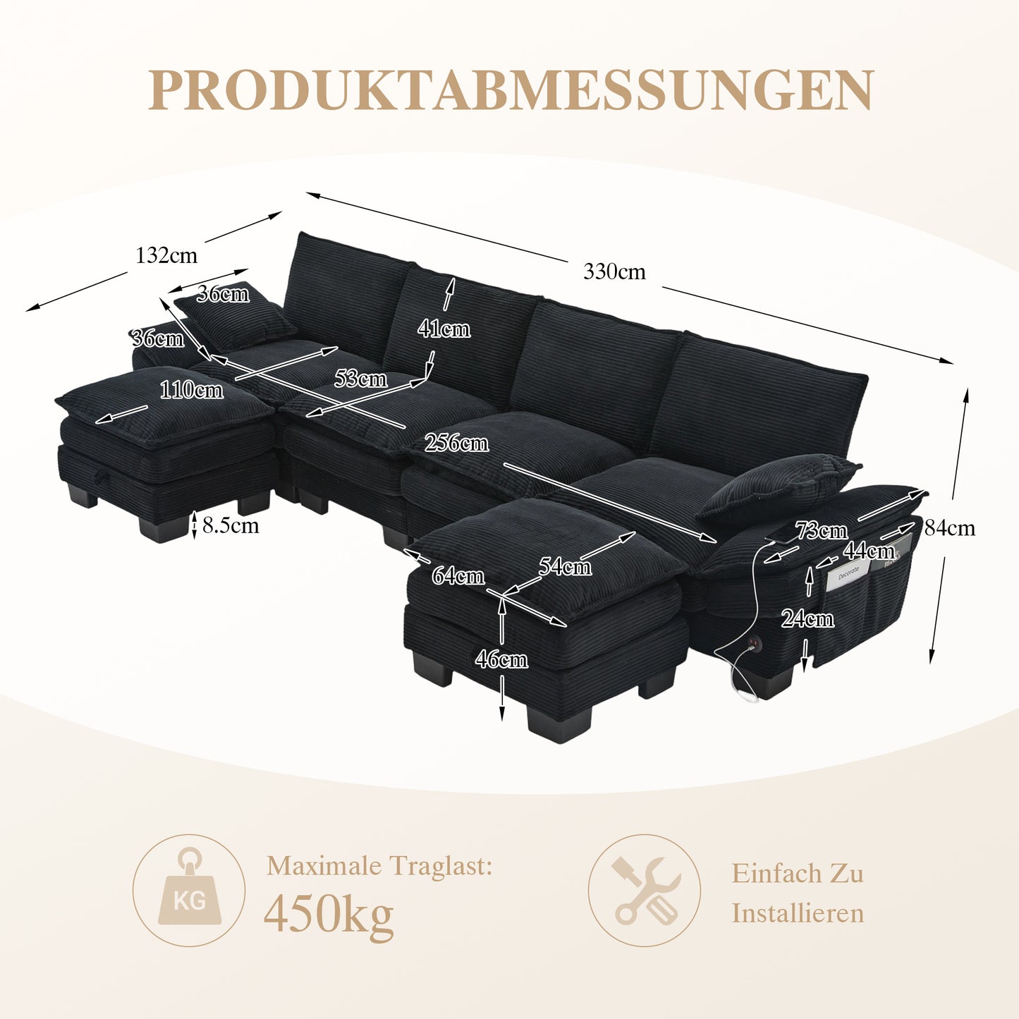 Modular 4-seater Corduroy Sofa  With 2 Stools Wide Seat, Ergonomic Design, High-density Foam Padding, USB-C Port And Side Pockets.Ideal For Living Room, Office Or Lounge.Black