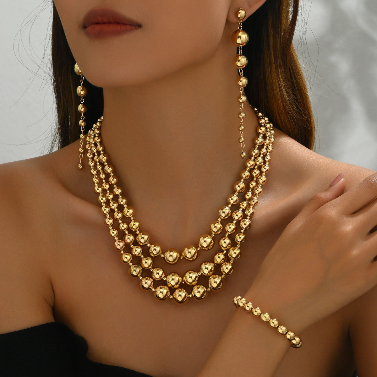 Cross-border European & American Y2K Hot Girl Jewelry Set For Women, Niche Beaded Multi-layer Clavicle Necklace With Matching Earrings, Versatile Daily Accessories