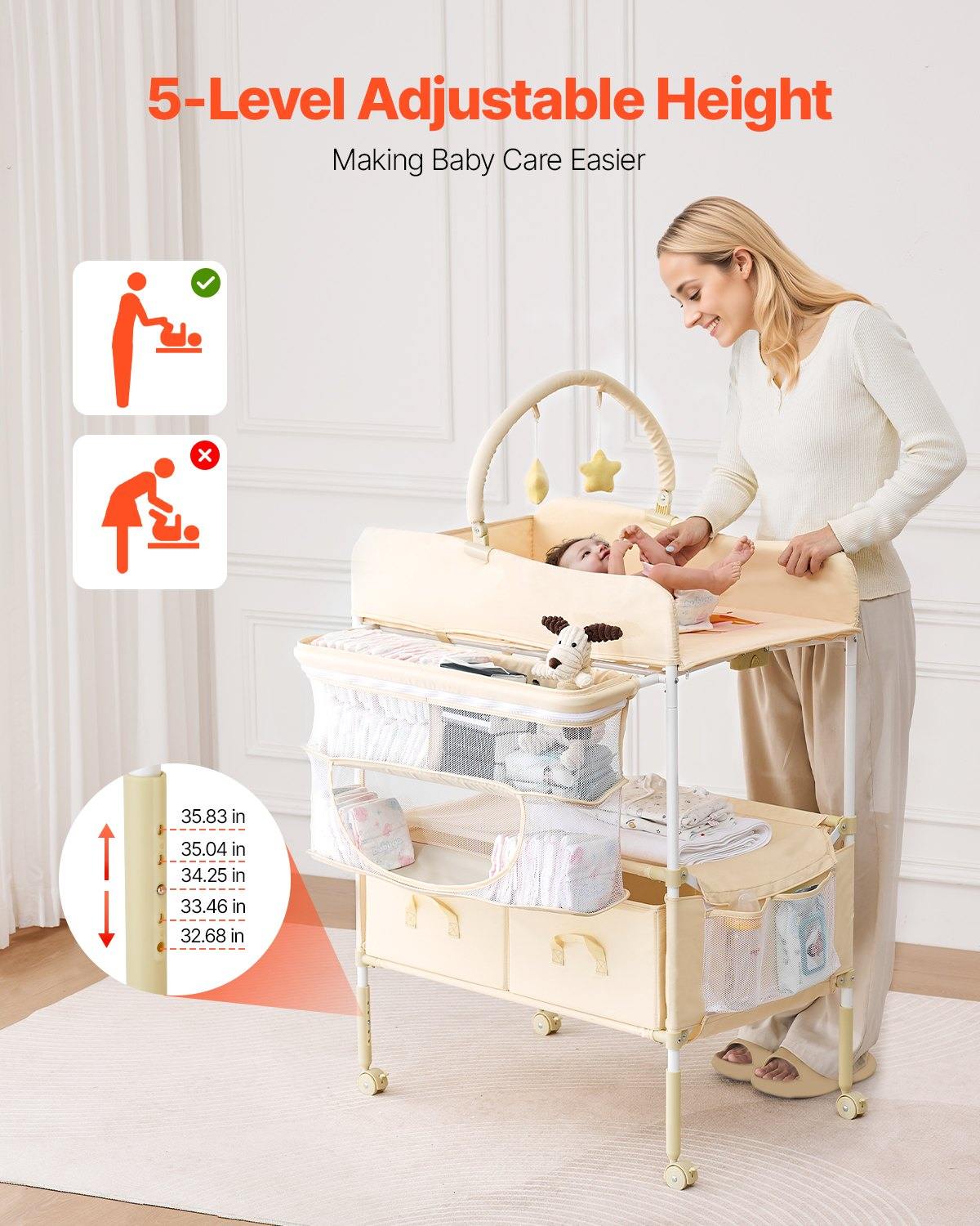 Baby Changing Table, Foldable Diaper Change Station With 2 Fabric Drawers, Side Basket & Hanging Rod, Adjustable Height Portable Changing Table With Lockable Wheels & 2 Star Toys, Light Beige