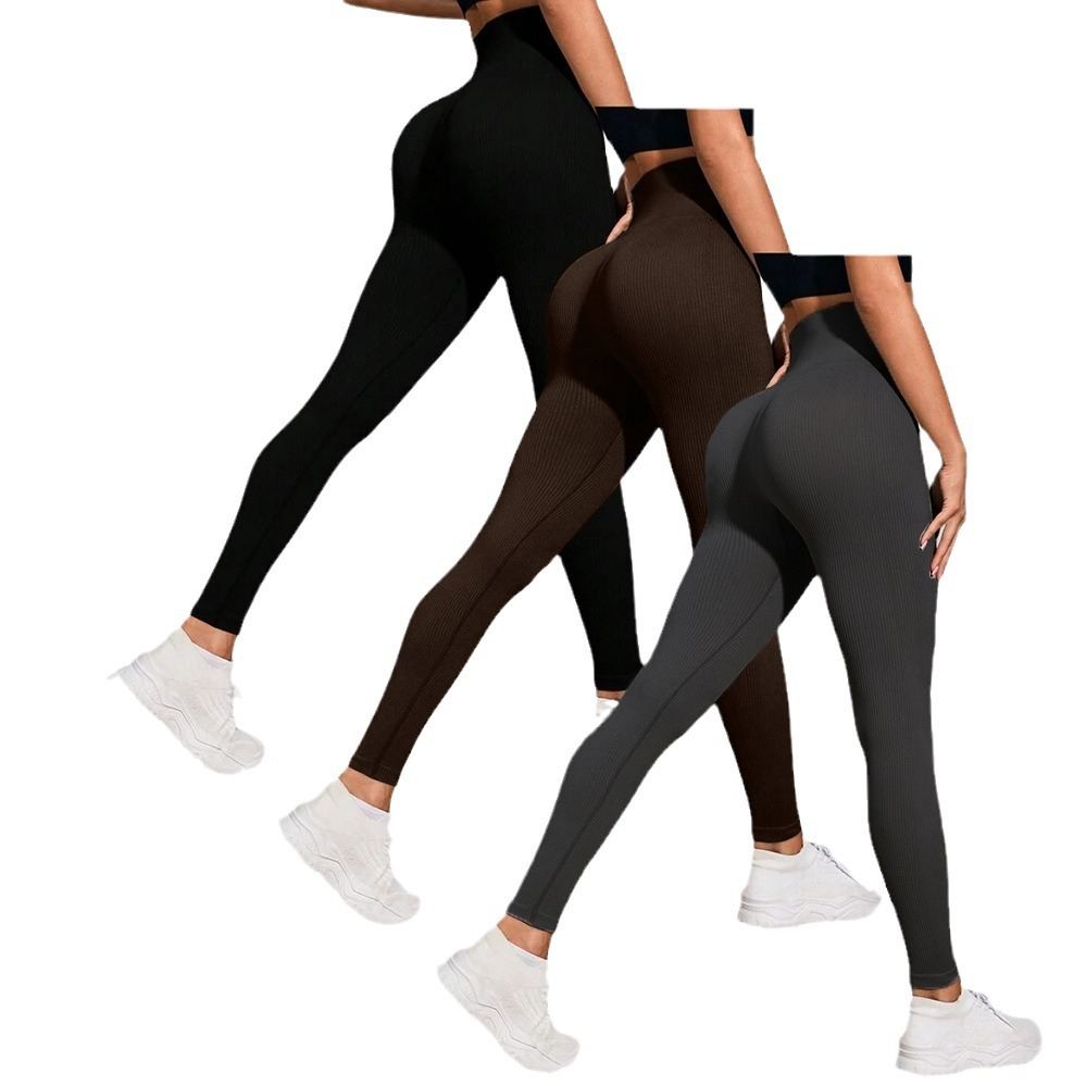 Ribbed Seamless Yoga Pants For Autumn And Winter, High-waisted Tight Sports Leggings, Yoga Apparel Leggings