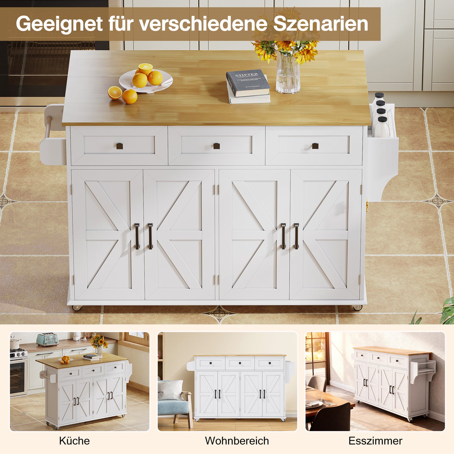 Kitchen Island With Folding Worktop, Equipped With 5 Lockable Castors, 4 Doors, 3 Drawers, Door Shelf, Double-sided Towel Rails, Barn Style Design, White, 140x43 X90.5 Cm.