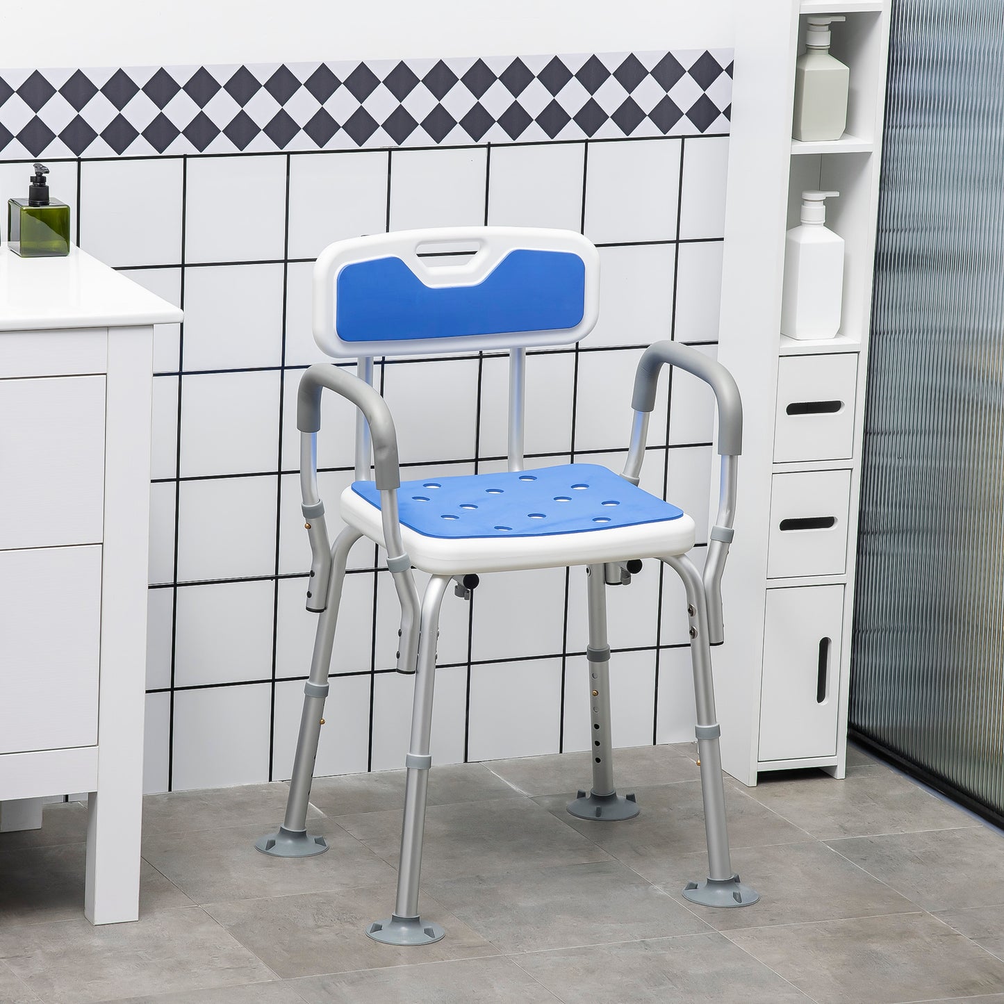EVA Padded Shower Chair with Arms and Back, Bath Seat with Adjustable Height, Anti-slip Shower Bench for Seniors and Disabled, Tool-Free Assembly, 299lbs