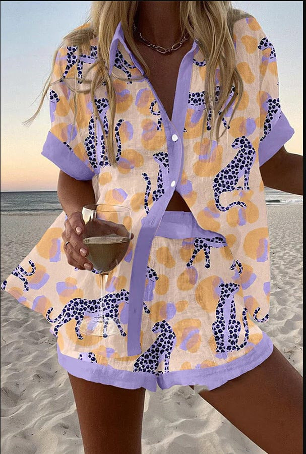 Women's Fashion Printed Casual Vacation Style Cardigan Shorts Suit