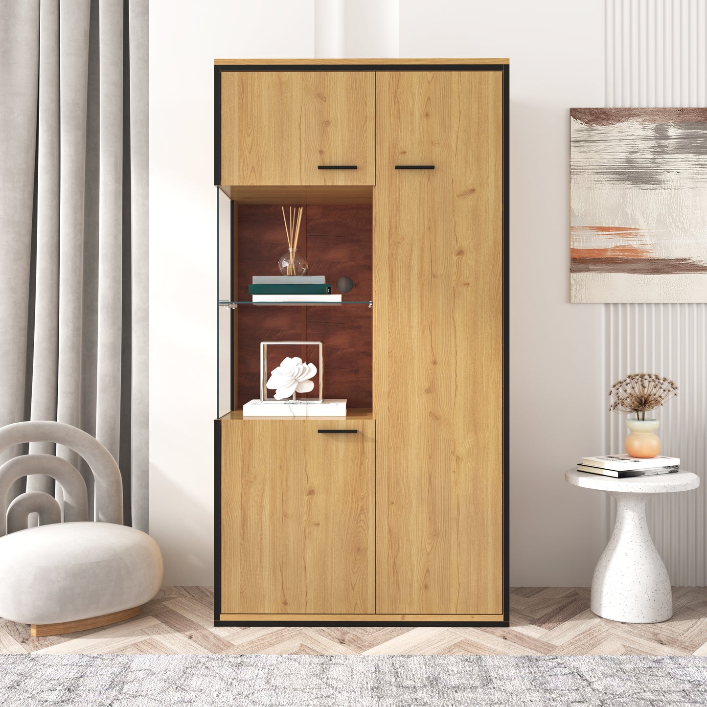 Modern Display Cabinet With LED Lighting - 150cm High - Glass Door, Multi-purpose Shelves, 15 Color Options, Large Storage Space, Glass Shelf, Showcase, Presentation Furniture, Cabinet With Lighting,