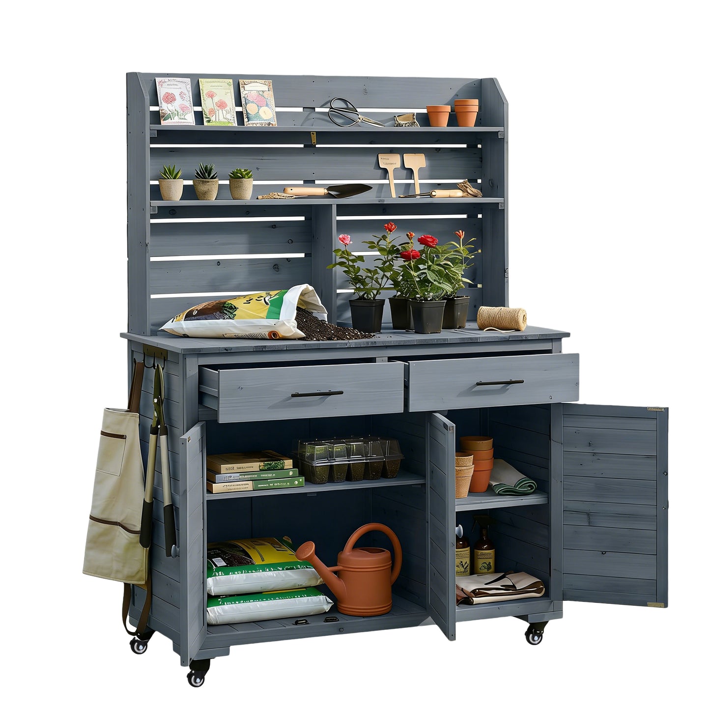 Assembly Video  TOPMAx 65 H Large Garden Potting Bench With Lockable Wheels And Storage Cabinet  Wood Outdoor Kitchen Island Prep Cart With Hutch Top  Drawers And Removal Shelves For Grilling  Gray