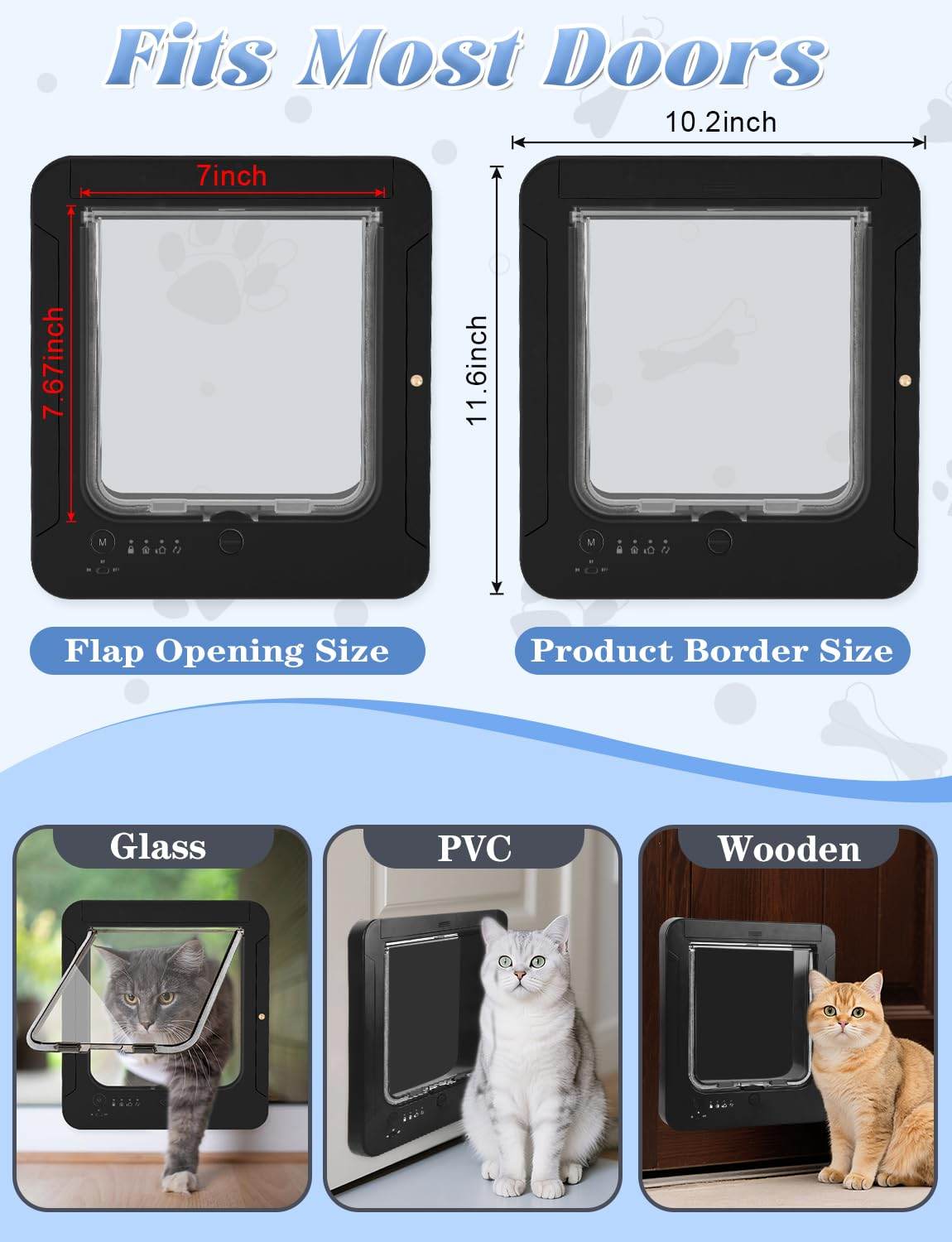 Smart Cat Door With 2 Collar Sensor Key,  Cat Door Collar Activated With Remote Control, 4 Way Locking Cat Flap Automatic Pet Door Interior & Exterior, Flap Opening