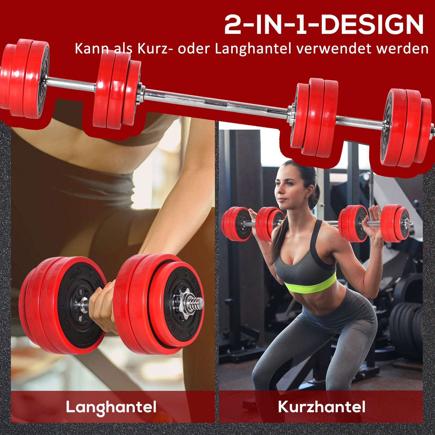 Hantelset 20/30KGS 2-IN-1 Hanteln&Langhanteln Verstellbar Gewichtheben Für Zuhause Fitness Muskel Stahl PP-Kunsstoff Eisen Sand Rot+Schwarz 21,5 X 21,5 X 3,8 Cm