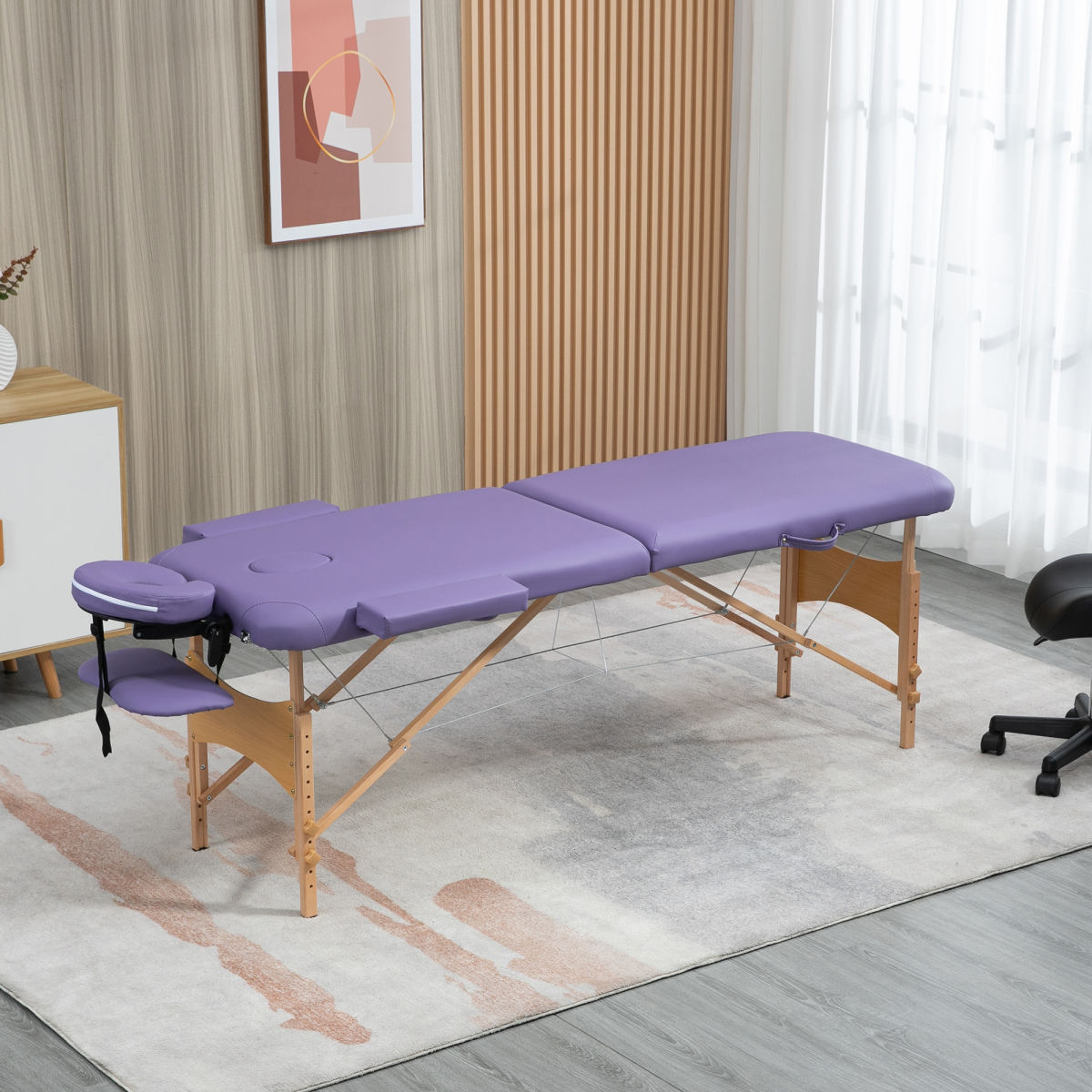 Portable Massage Bed, Folding Spa Beauty Massage Table With 2 Sections, Carry Bag And Wooden Frame, Purple