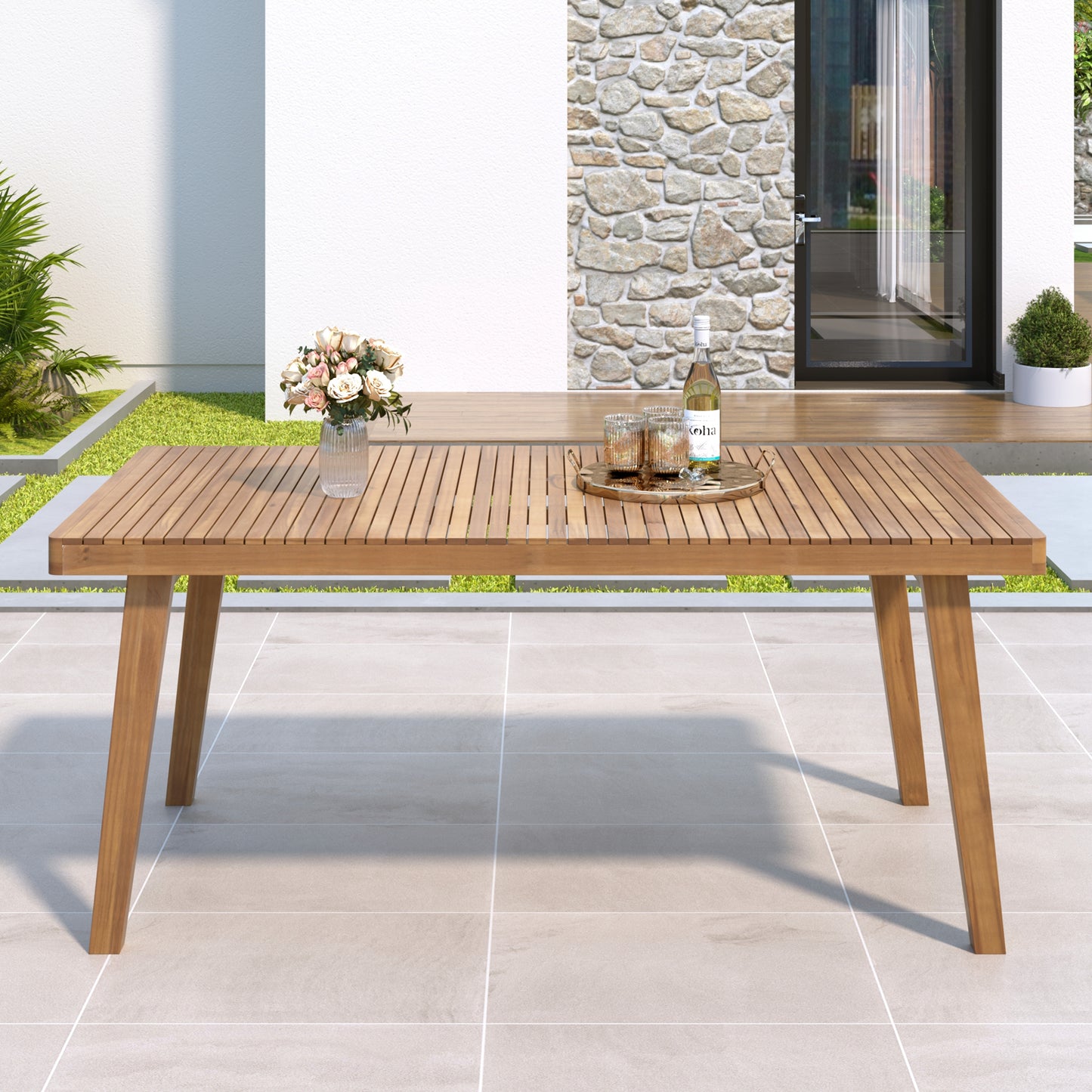 69  Acacia Wood Outdoor Dining Table With Slatted Top, 300 Lbs Weight Capacity, Ideal For Patio & Garden Gatherings, Brown