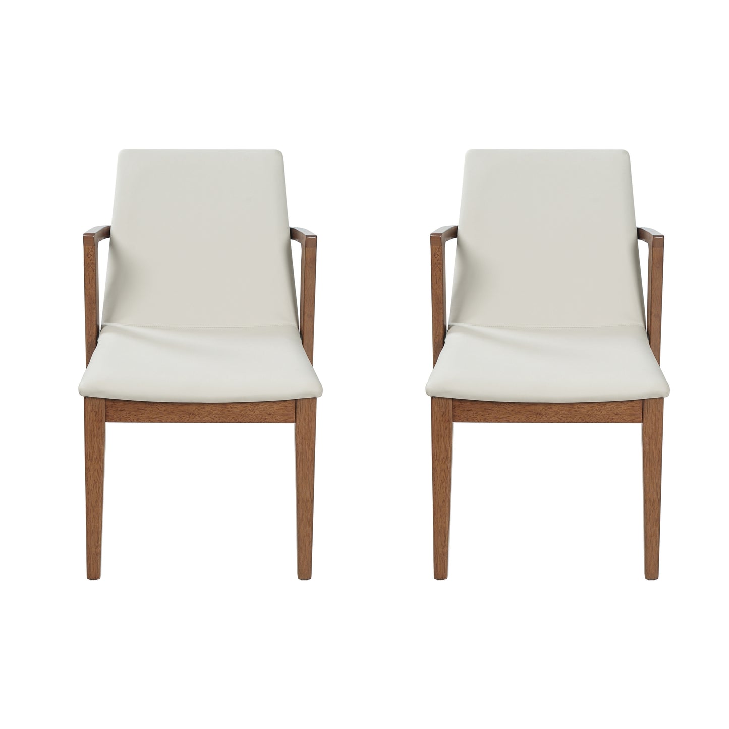 Mid-Century Modern Dining Chairs Set Of 2 - Beige PU Upholstered Armchairs With Walnut Color Rubber Wood Frame, 250lbs Capacity For Kitchen & Dining Room