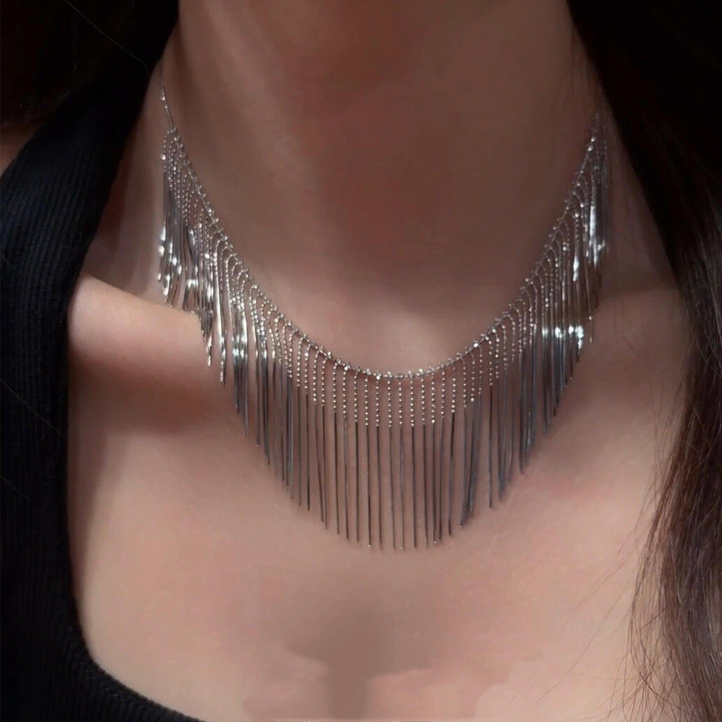 Premium Silver Starry Sky Snake Chain Waterfall Tassel Necklace