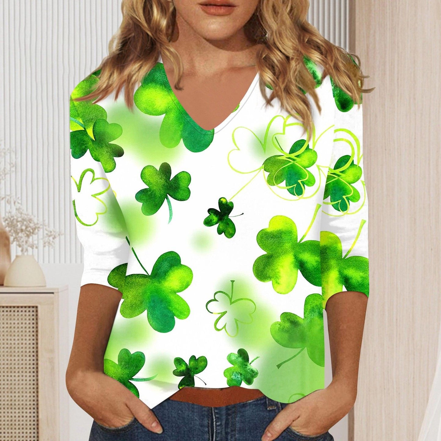 Womens Fashion V-neck Printed Loose-fitting Long-sleeve