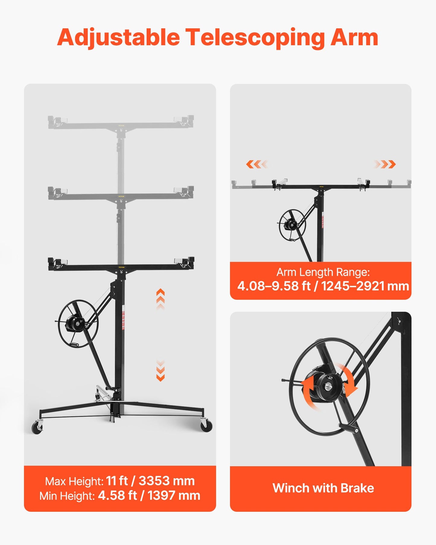 11ft Drywall Lift, Heavy-Duty 150 Lbs Sheetrock Hoist With Adjustable Telescoping Arm, Lockable Wheels, Drywall Lifter Panel Jack Hoist Tools Ideal For Ceiling & Wall Installation (Black)