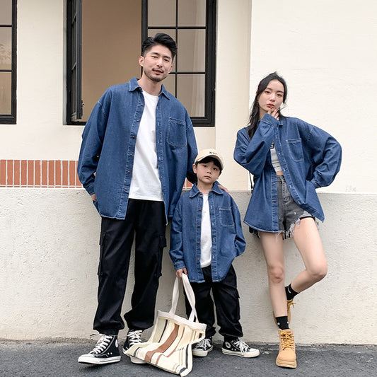 Korean-style Chic Vintage Denim Parent-child Shirt Set