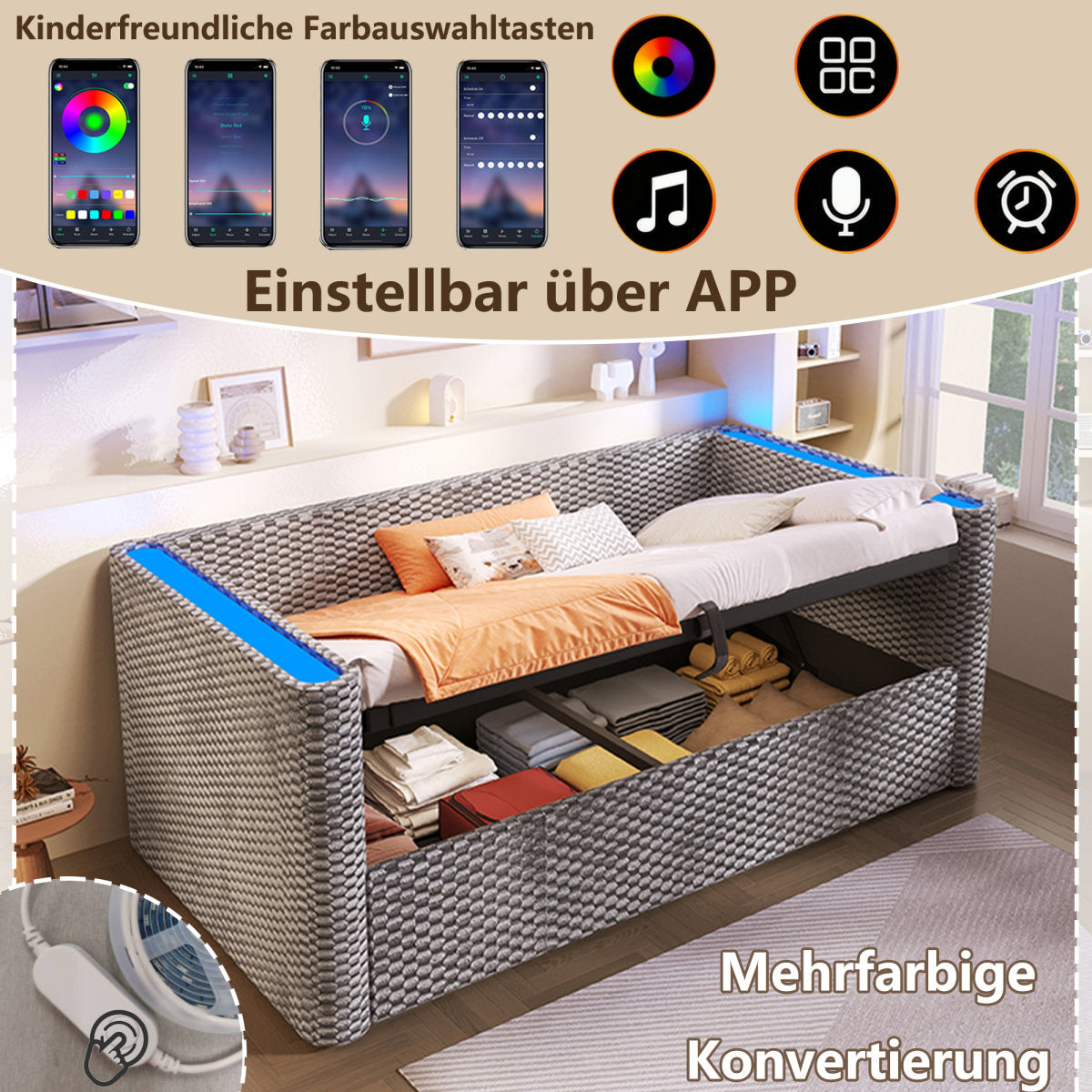 Daybed, Daybed, Sofa Bed, 90 X 200 Cm, With LED Lighting, With Hydraulic Storage Mechanism, Slatted Base Without Mattress, Velvet, Grey
