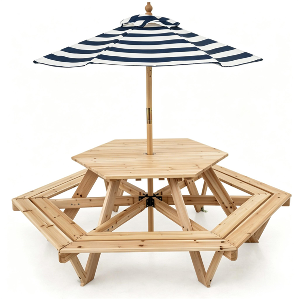 6-Seat Hexagonal Kids Picnic Table With Umbrella, Solid Fir Wood Outdoor Table & Bench Set For Backyard Garden, Age 3-8