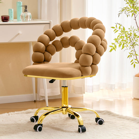 Velvet Bubble Back Swivel Office Chair, Adjustable Height Cute Vanity Chair With Gold Base & Wheels For Bedroom, Makeup Room.