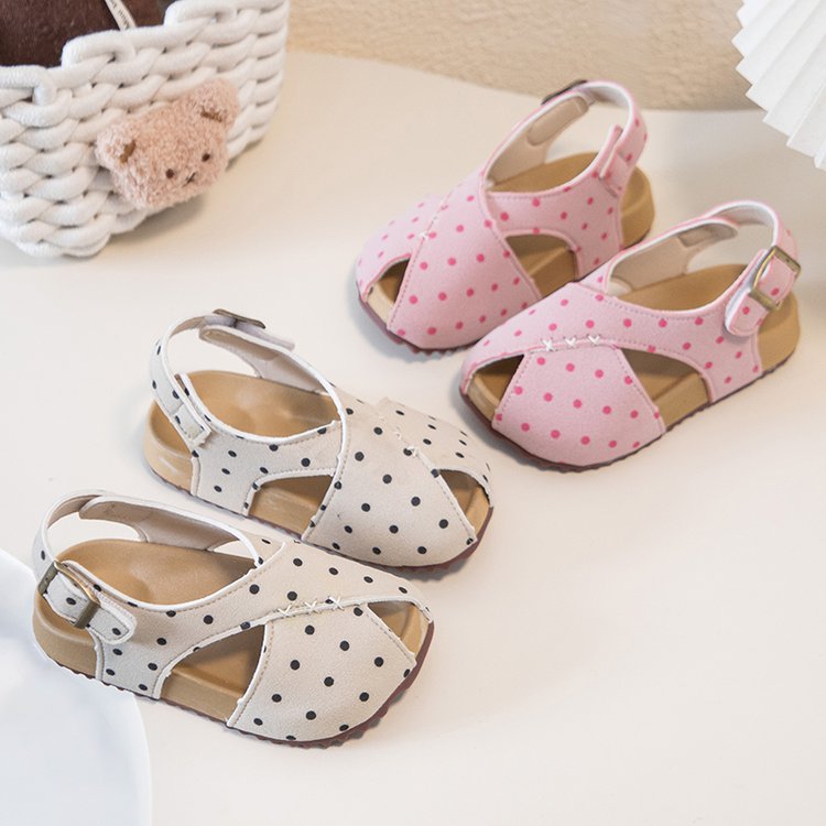 Girls' Trendy Polka Dot Frosted Leather Sandals With Korean Leopard Print, Niche Boken Sandals
