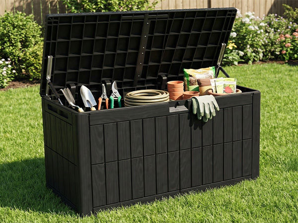 1 0 0 Gallon Outdoor Storage Box Water Proof Resin Deck Box Lockable Storage Bin For Cushion Patio Furniture Pool Accessories Garden Tools Black