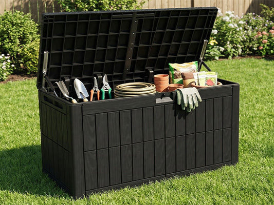 1 0 0 Gallon Outdoor Storage Box Water Proof Resin Deck Box Lockable Storage Bin For Cushion Patio Furniture Pool Accessories Garden Tools Black