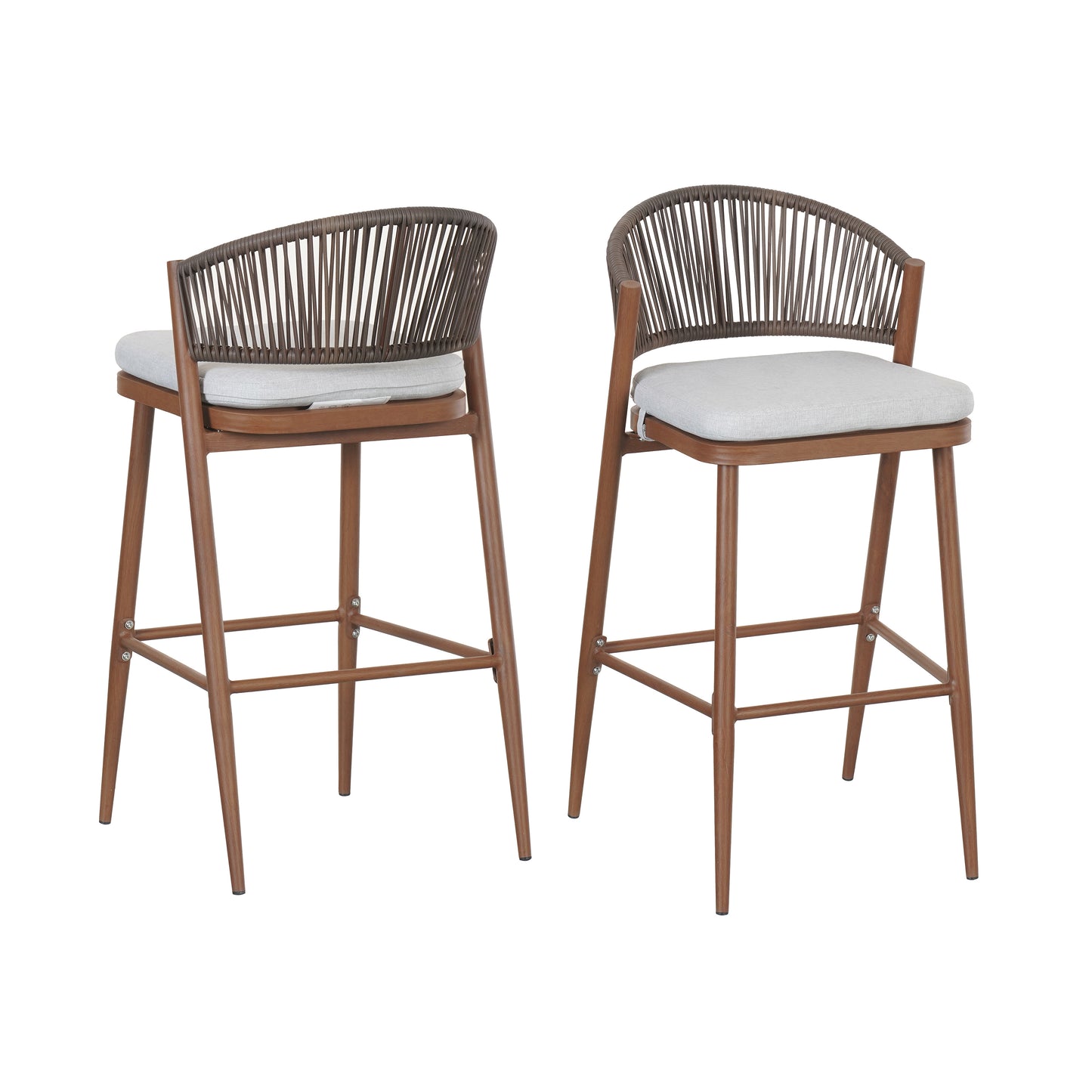 Outdoor 30.25 Seat Height Aluminum Frame Barstools With PE Rattan Scallop-shaped Backrest, Set Of 2, Teak Finish