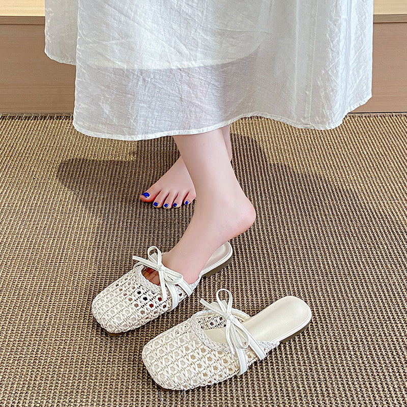 2026 Hot French Woven Hollow Out Mules For Women, Slip-on Flat Elegant Closed Toe Slides For Outdoor Summer Wear